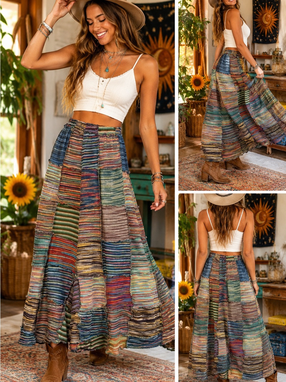 Boho Multicolor Striped Patchwork Maxi Skirt